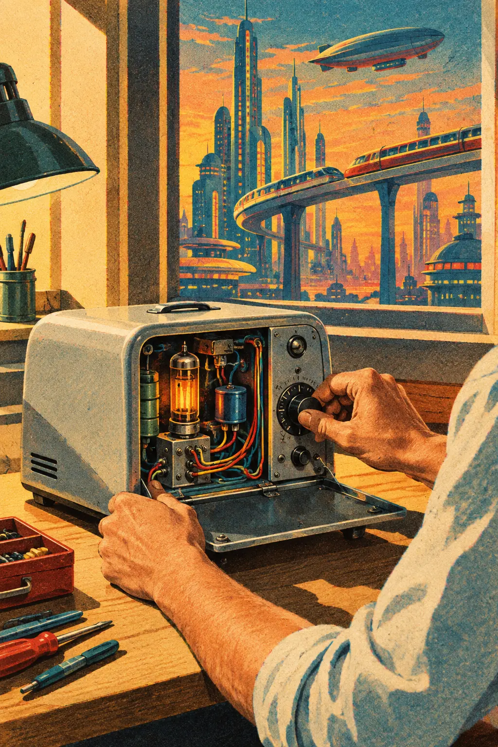 A painted magazine-cover scene: two hands adjust a dial on an open toaster-sized machine of valves and wires at a workbench, a city of towers, a monorail and an airship through the window.