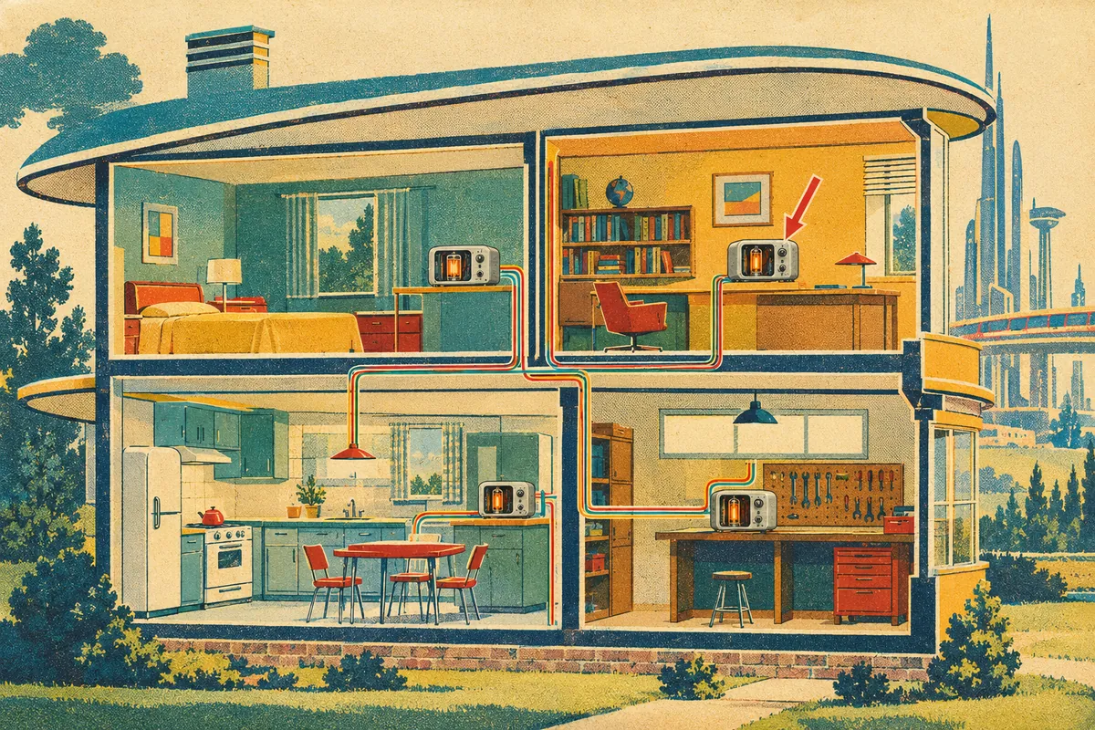A cutaway drawing of a streamlined house of tomorrow: bedroom, study, kitchen and workshop, each with the same small valve machine, joined by coloured lines through the walls; a red arrow points to the one in the study.